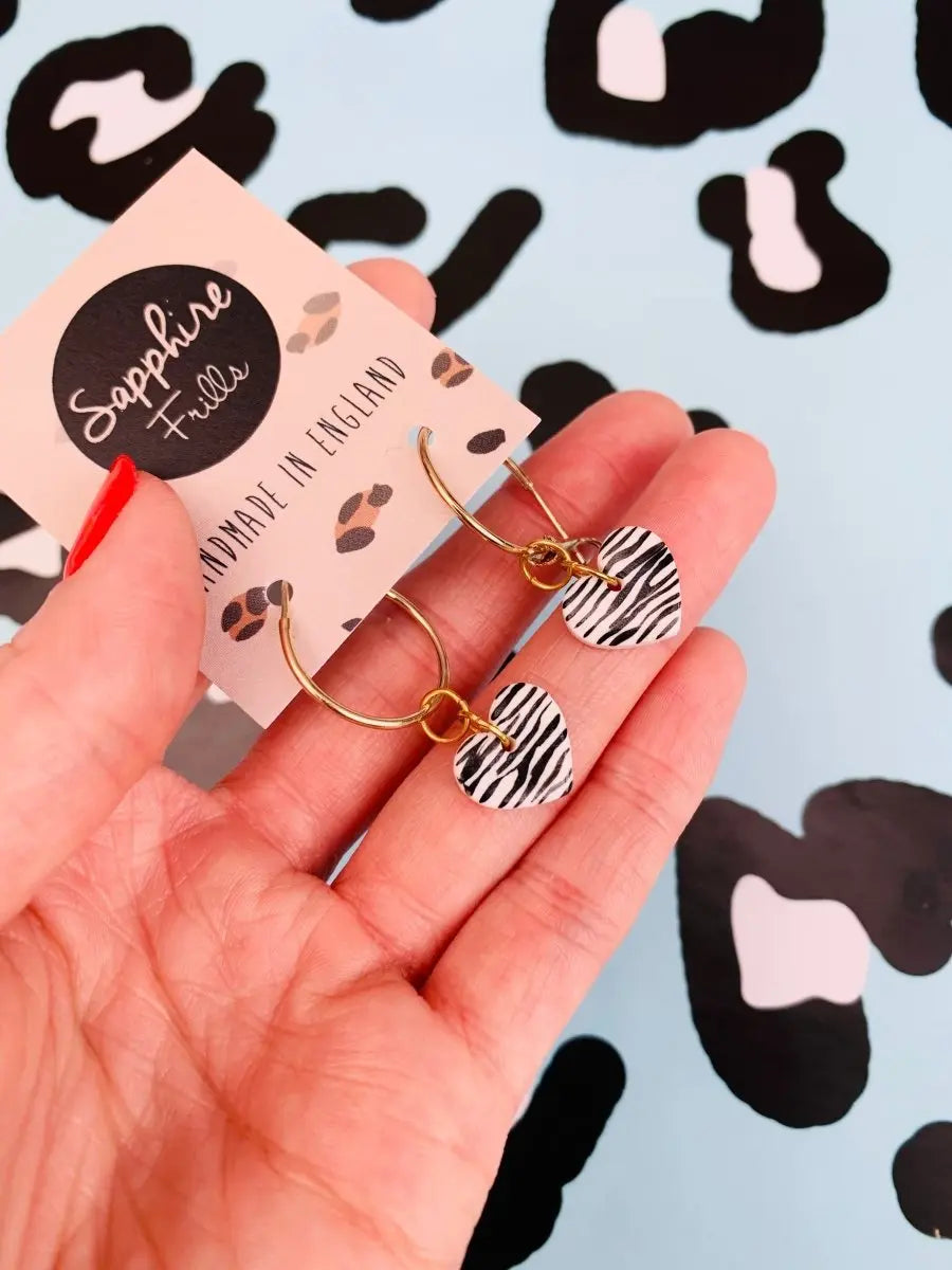 Small White Zebra Print Heart Stud Earrings from Sapphire Frills