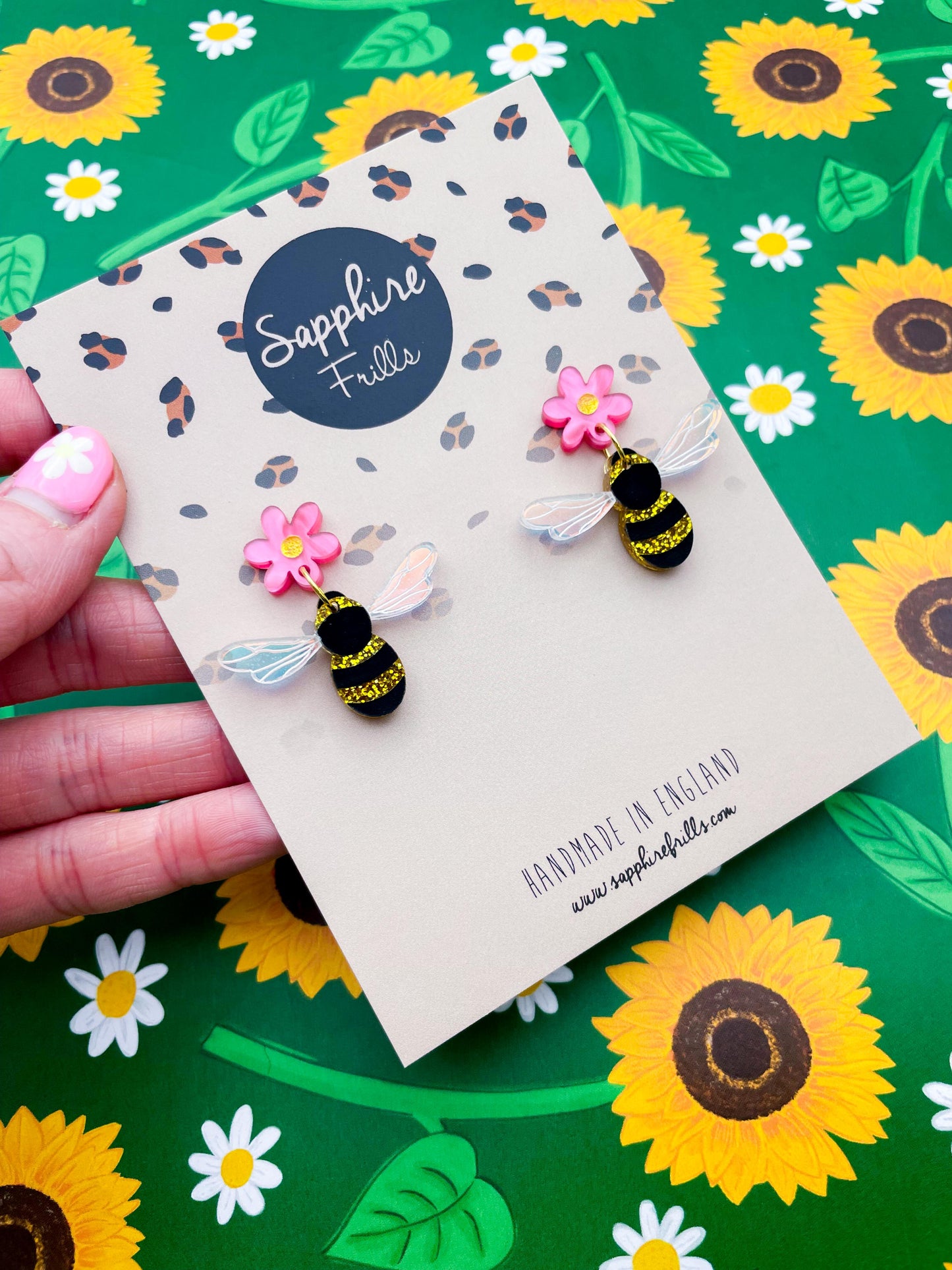 Hot Pink and Gold Glitter Acrylic Bumble Bee and Daisy Dangle Earrings