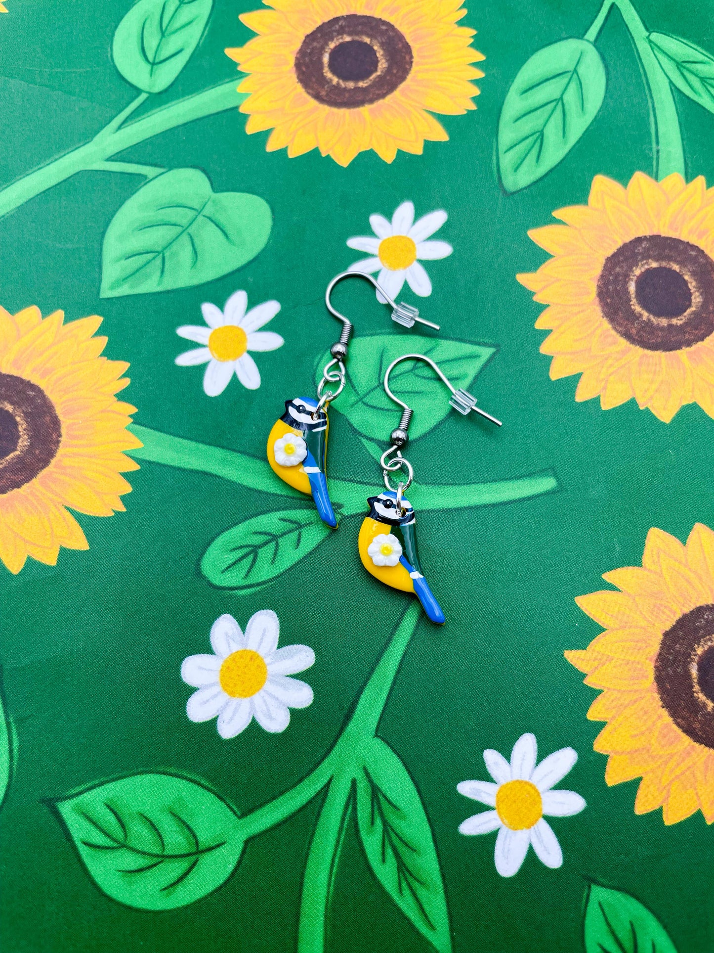 Small Yellow and White Daisy and Blue Tit Earrings