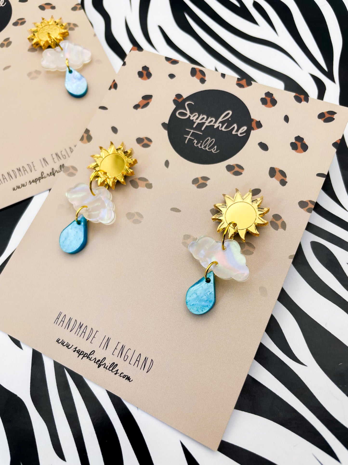Gold Mirror, Iridescent Rainbow Pearl and Blue Marble Acrylic Sun, Cloud and Raindrop Dangle Earrings