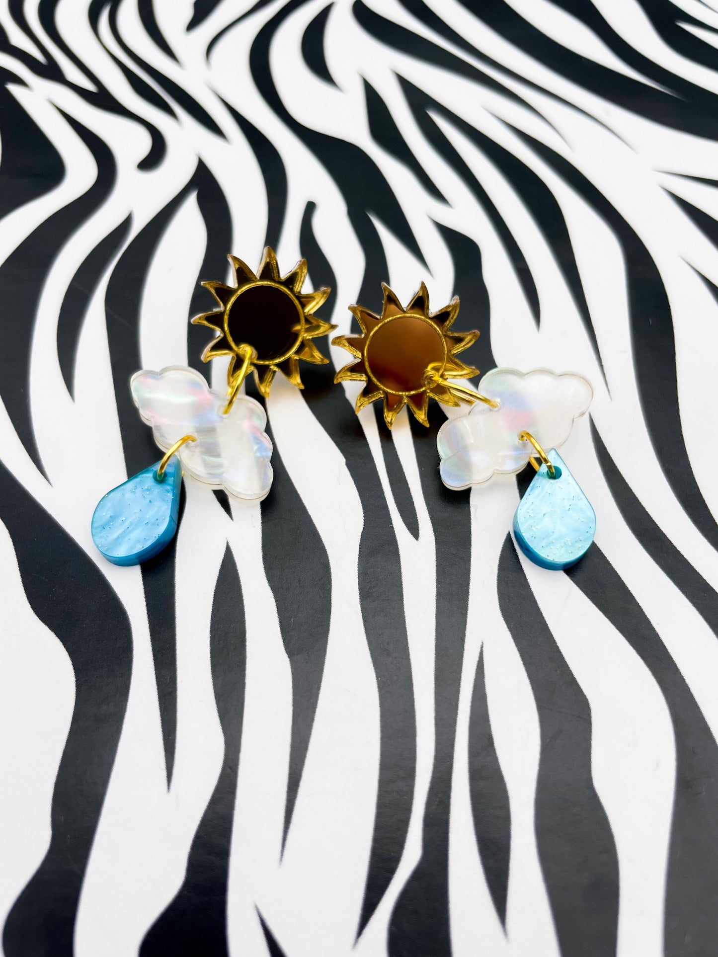 Gold Mirror, Iridescent Rainbow Pearl and Blue Marble Acrylic Sun, Cloud and Raindrop Dangle Earrings