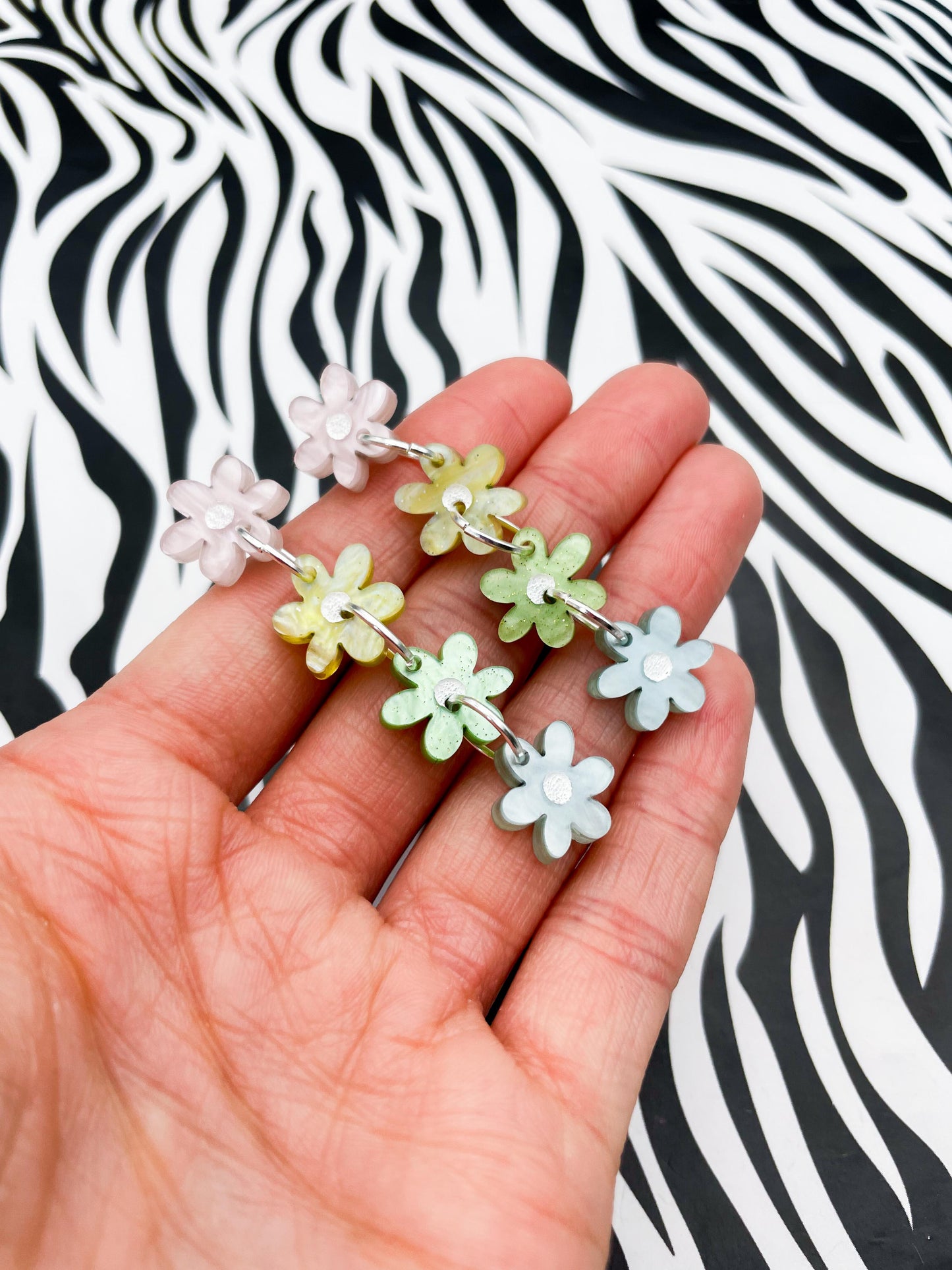 Pale Rainbow Marble Acrylic Daisy Flower Dangle Earrings