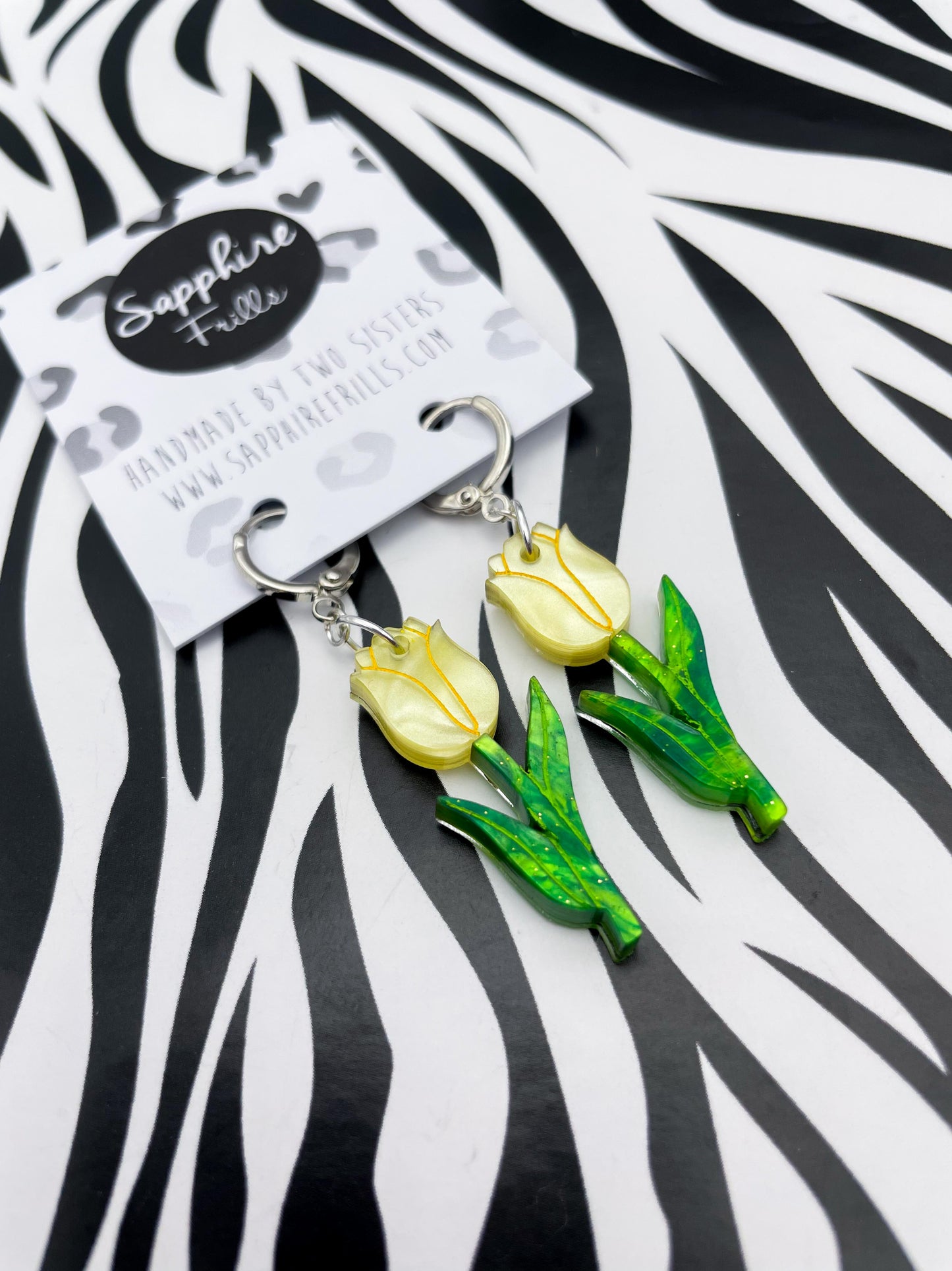 Yellow and Green Glitter Marble Acrylic Tulip Dangle Earrings
