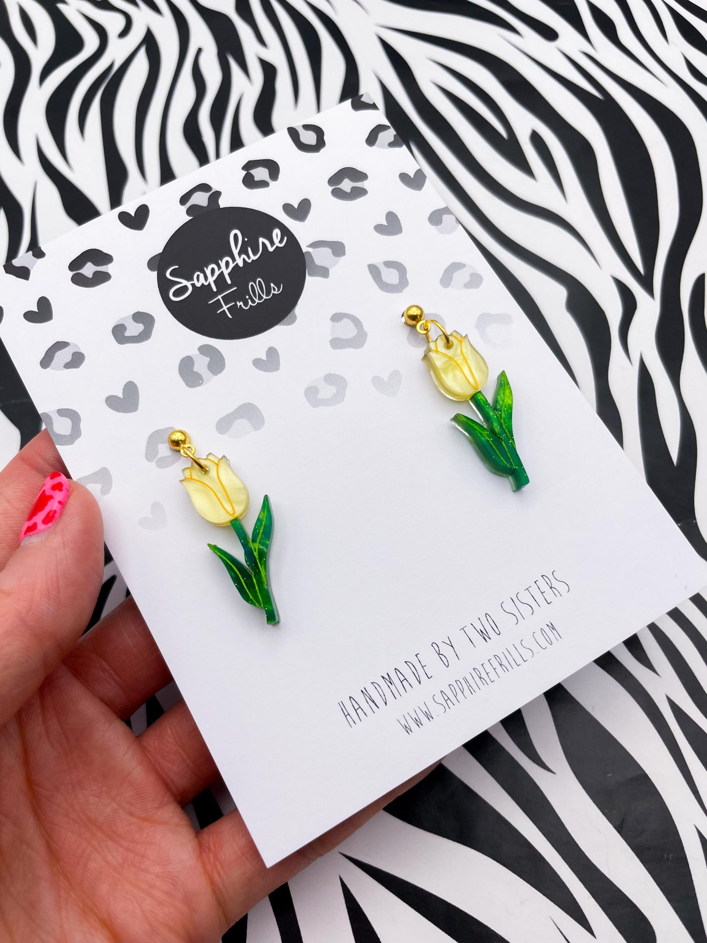 Yellow and Green Glitter Marble Acrylic Tulip Dangle Earrings