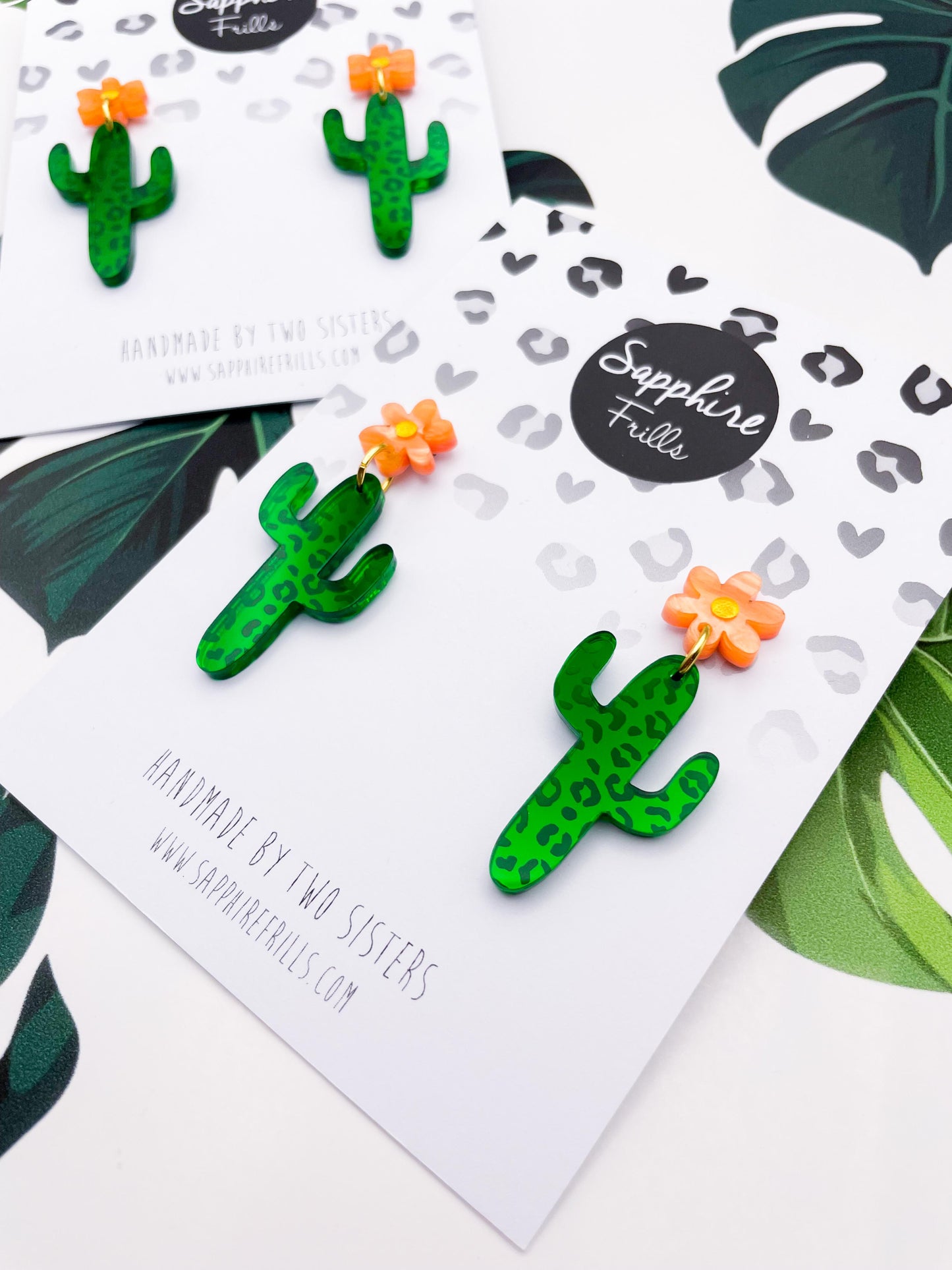 Orange Marble and Green Mirror Acrylic Leopard Print Cactus Flower Dangle Earrings