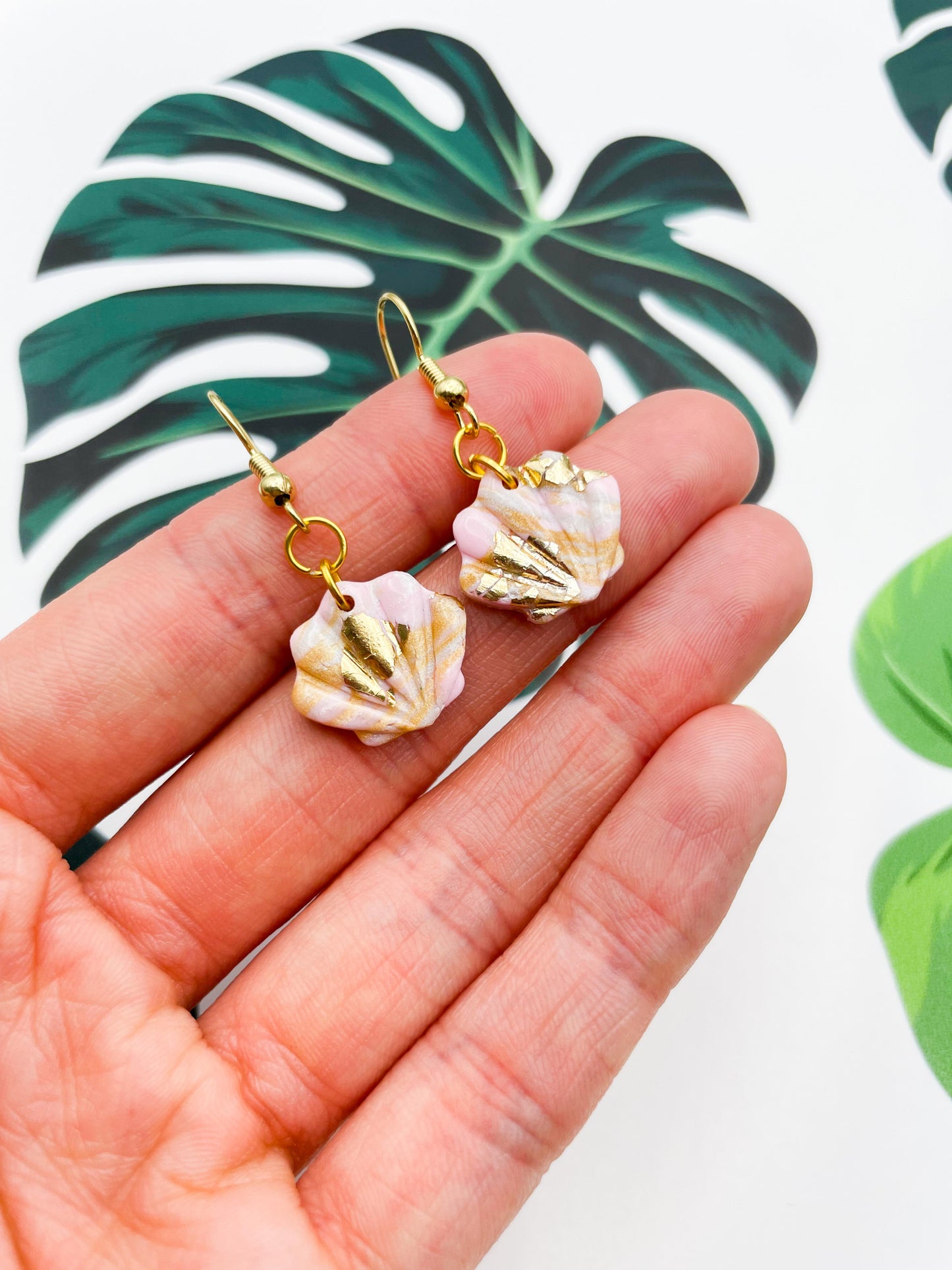 Mini or Small Champagne Gold, Baby Pink and Pearlescent White Marble Shell Earrings