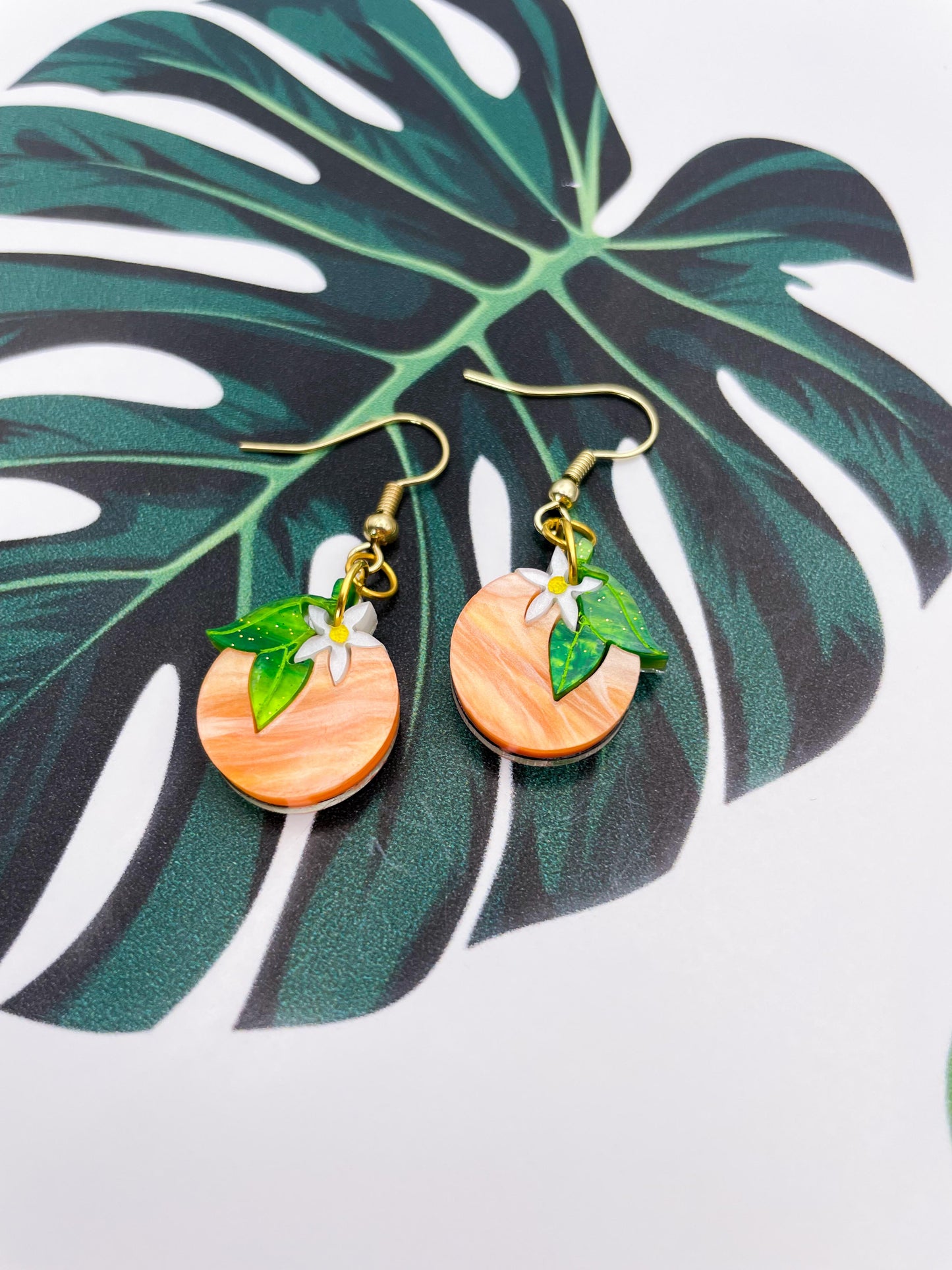 Medium Orange Marble Acrylic Orange Blossom Dangle Earrings