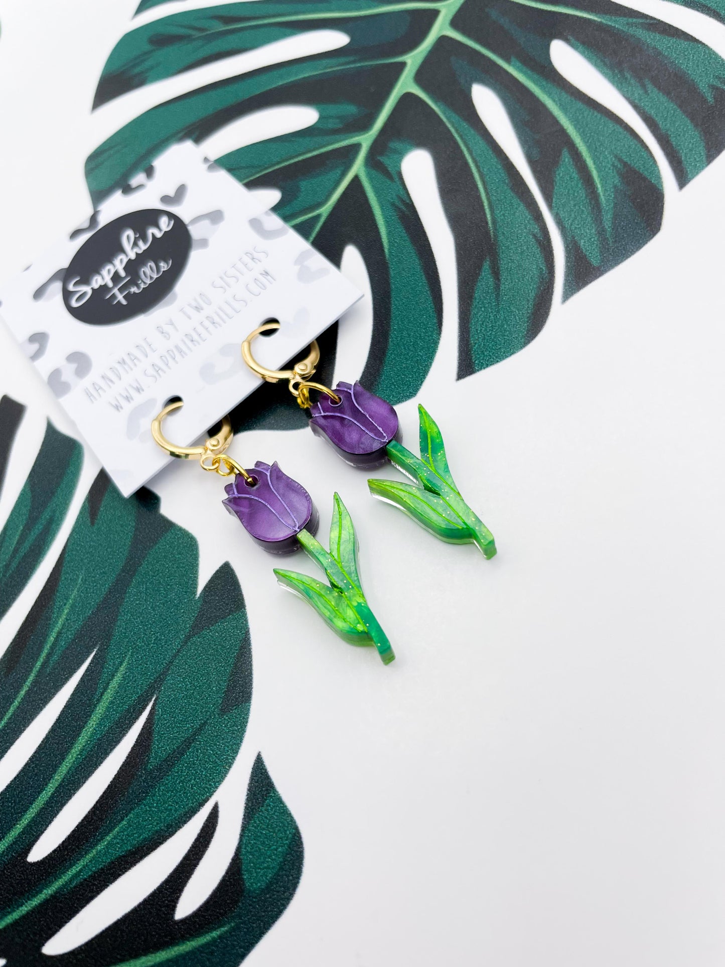Plum and Green Glitter Marble Acrylic Tulip Dangle Earrings