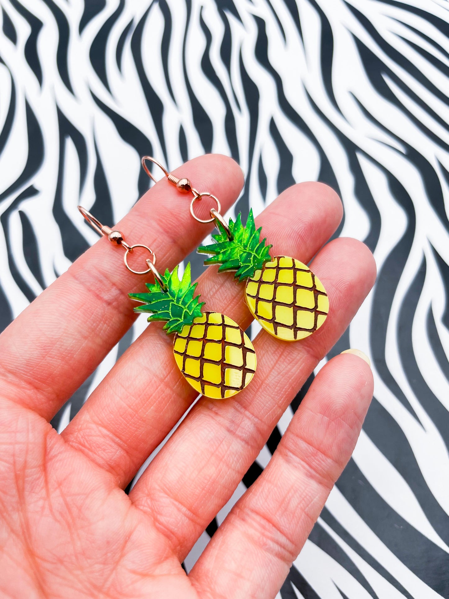Green Marble and Yellow Gloss Acrylic Pineapple Dangle Earrings