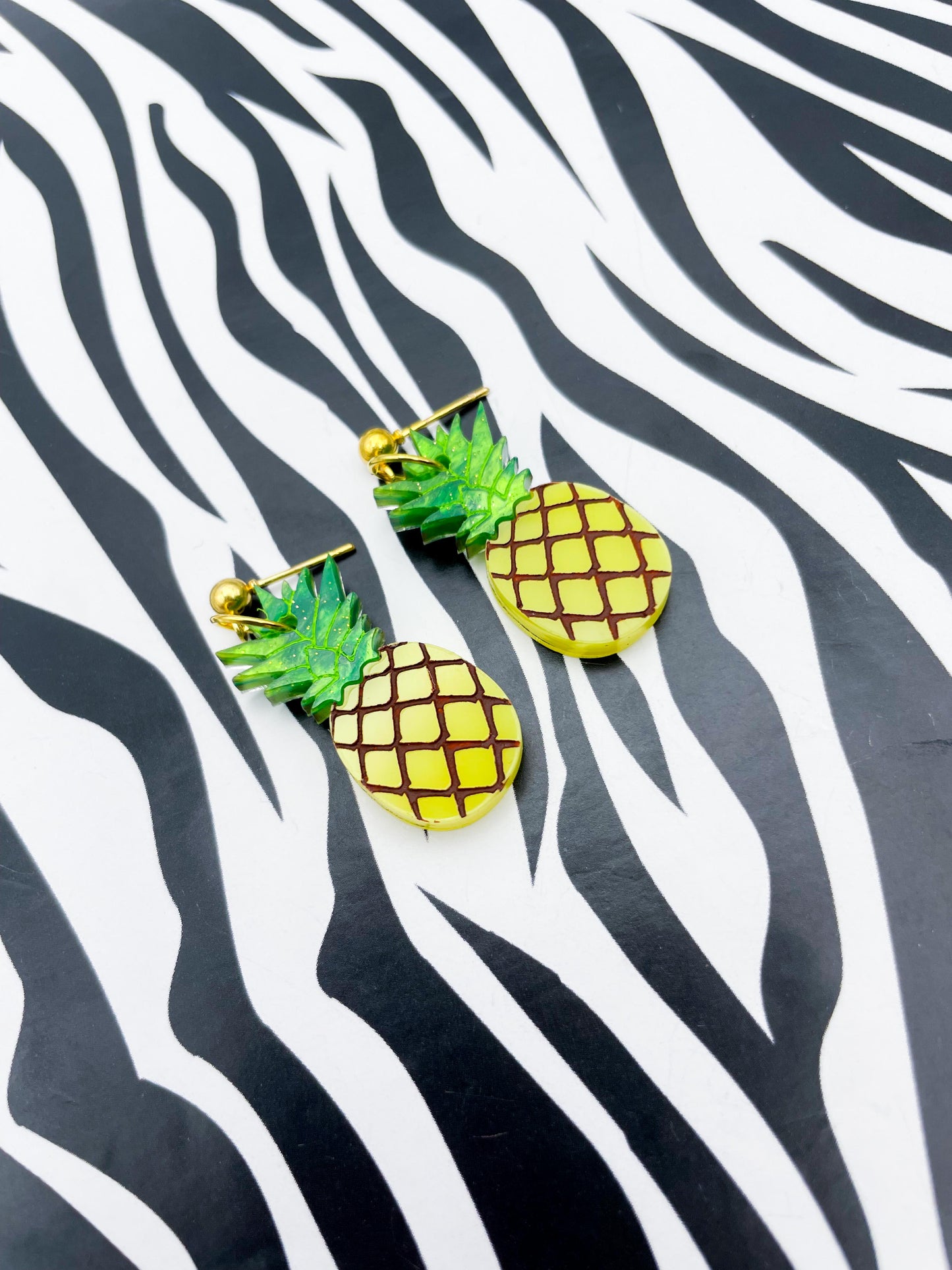 Green Marble and Yellow Gloss Acrylic Pineapple Dangle Earrings