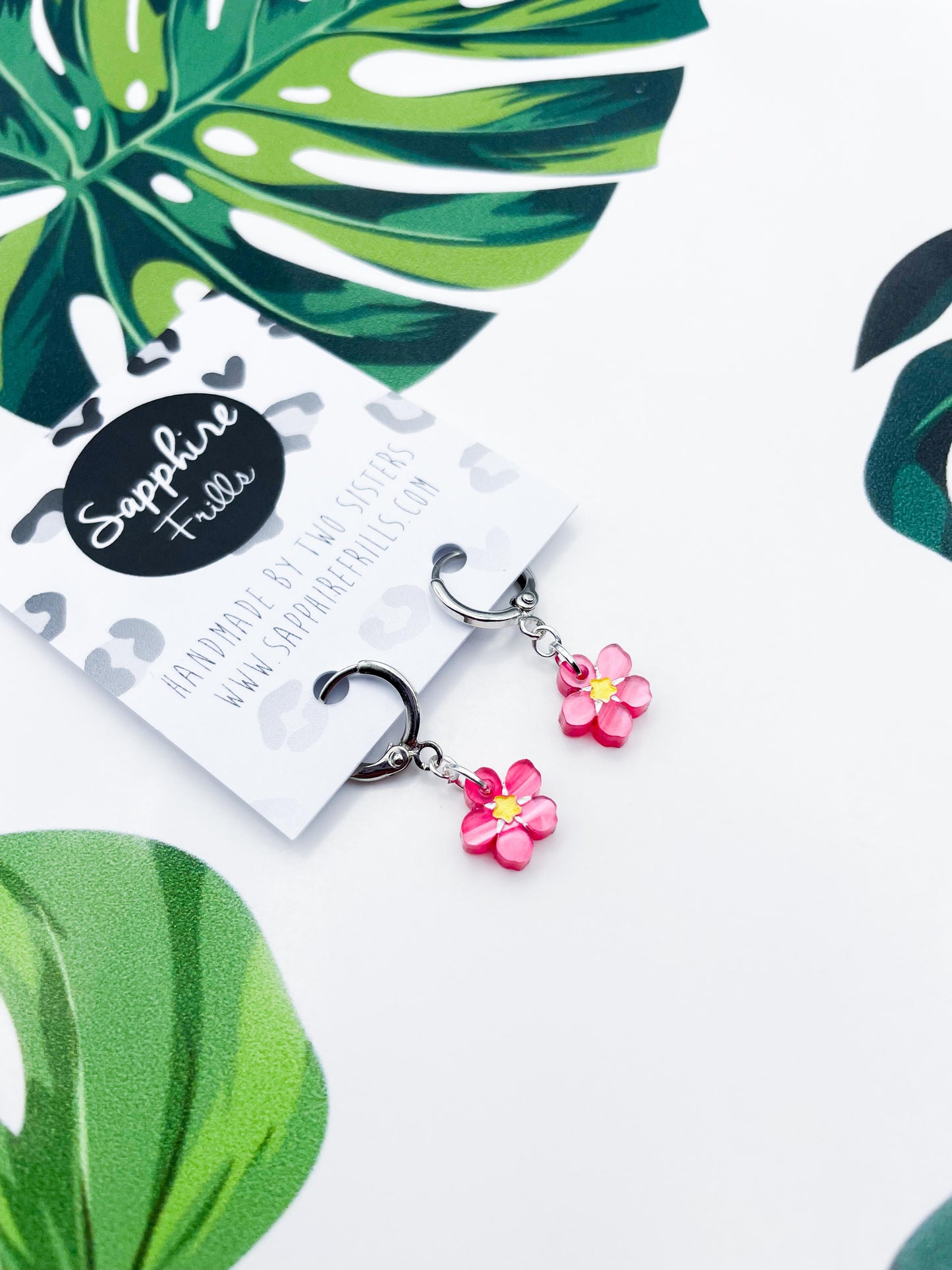 Mini Pink Marble Acrylic Forget Me Not Flower Dangle Earrings