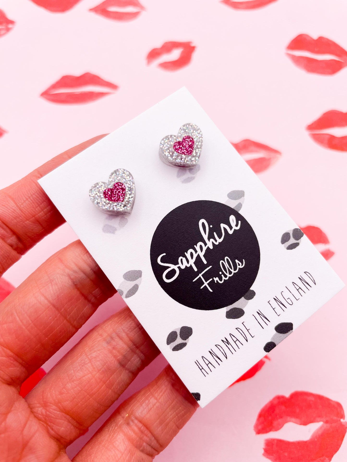 Little Holographic Silver and Hot Pink Glitter Acrylic Heart Stud Earrings