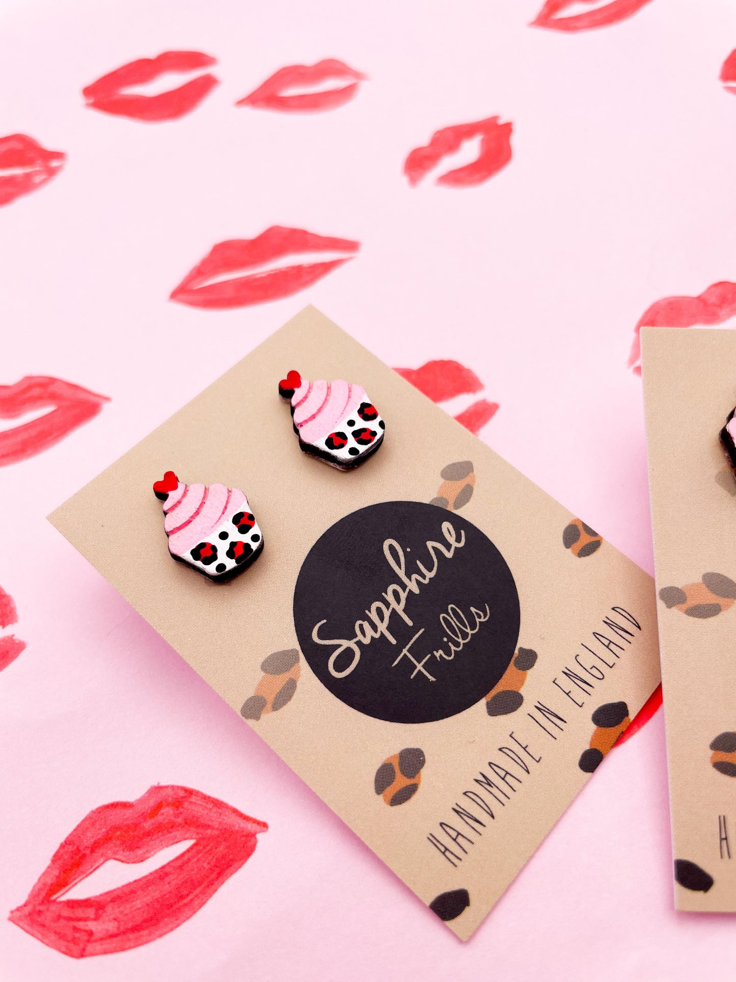 Small Candy Pink and Red Leopard Print Heart Cupcake Wooden Stud Earrings