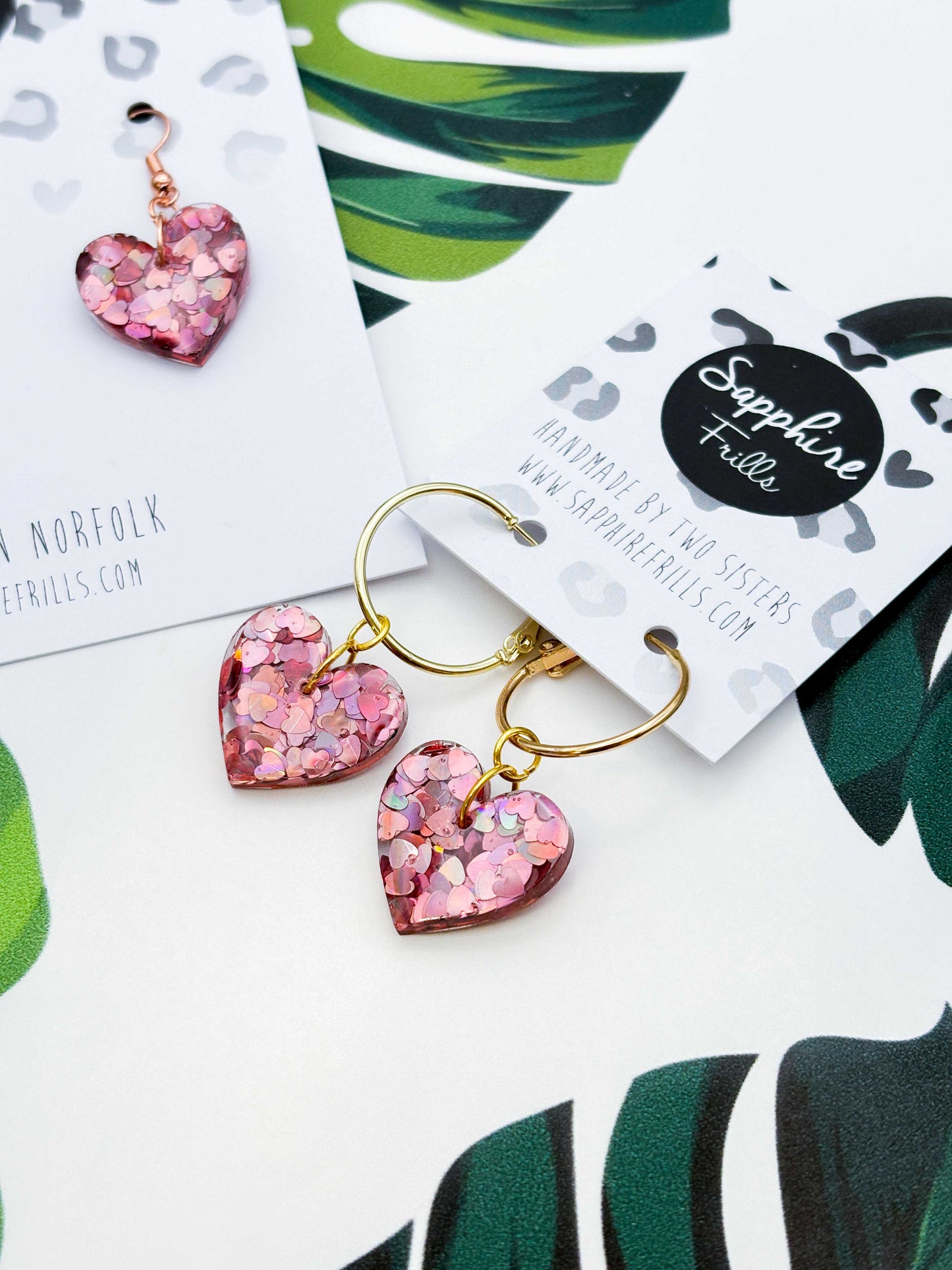 Medium Holographic Dusky Pink Heart Glitter Resin Heart Earrings