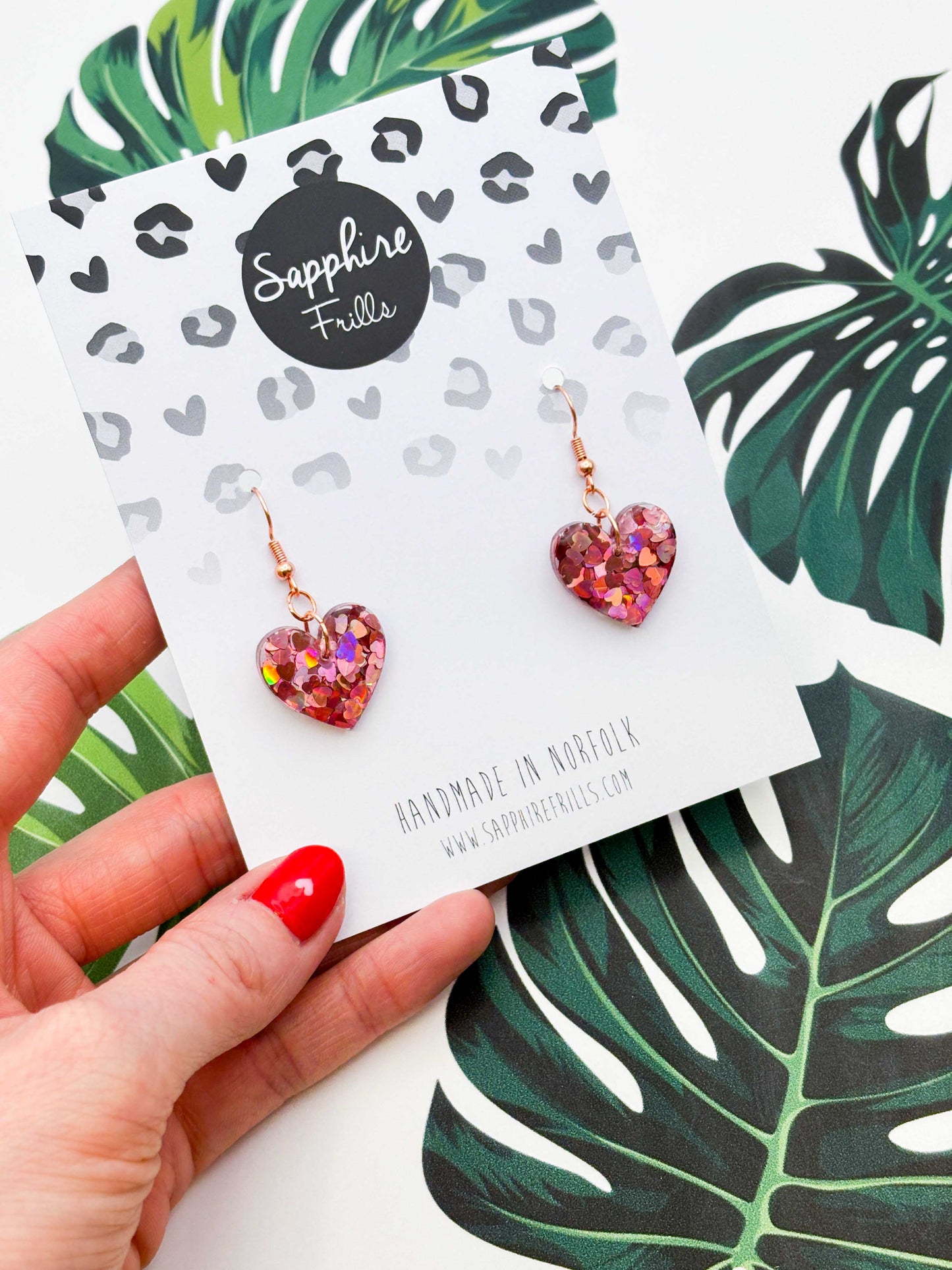 Medium Holographic Dusky Pink Heart Glitter Resin Heart Earrings