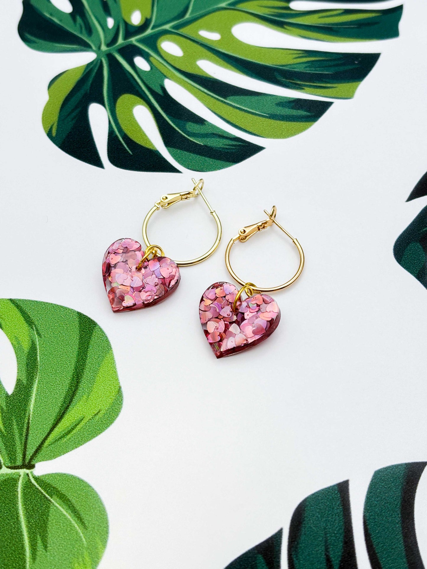 Medium Holographic Dusky Pink Heart Glitter Resin Heart Earrings