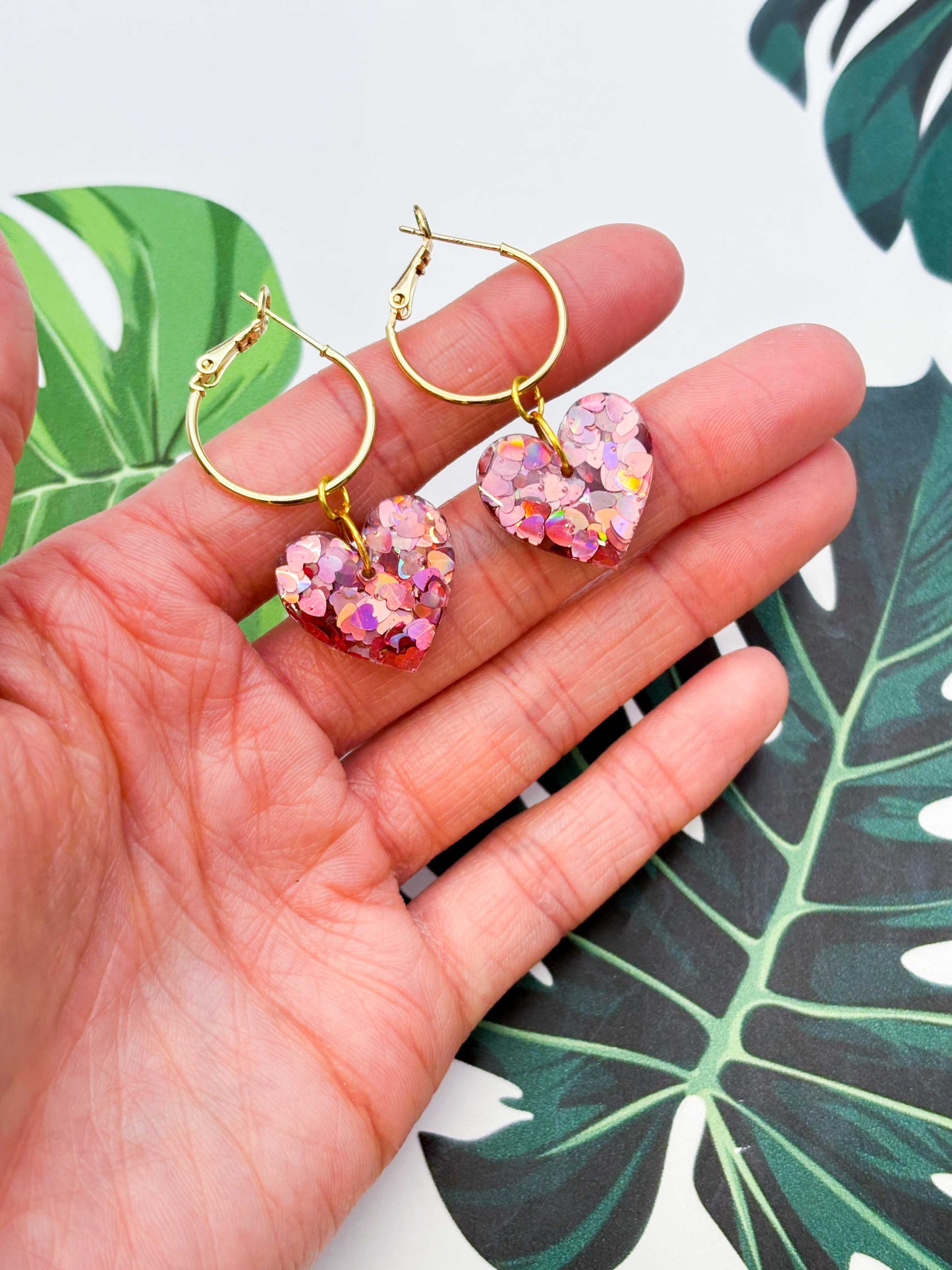 Medium Holographic Dusky Pink Heart Glitter Resin Heart Earrings