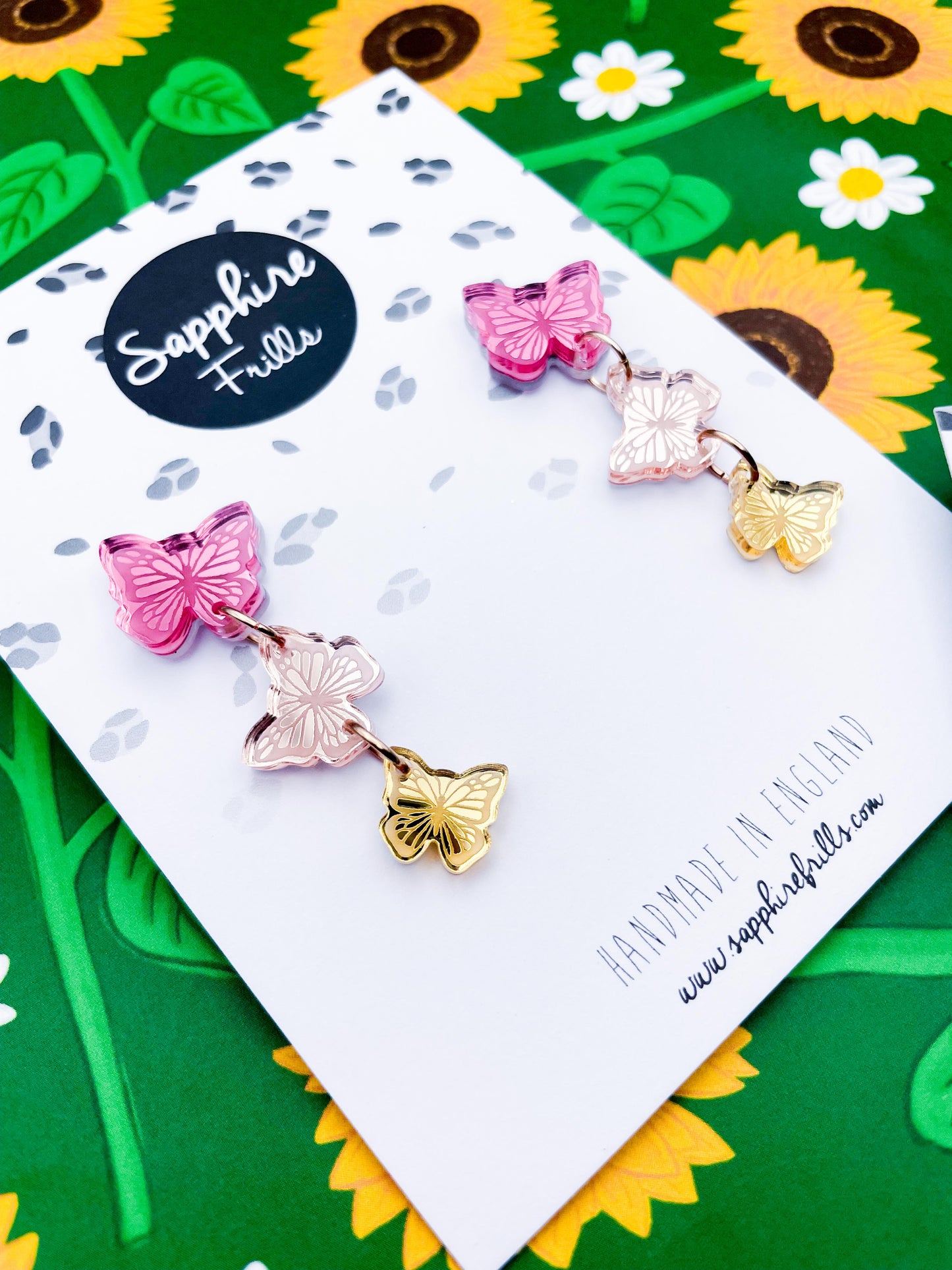 Pink, Rose and Gold Acrylic Mirror Butterfly Trio Dangle Earrings