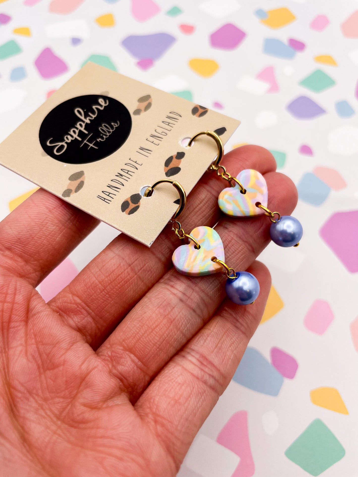 Pastel Rainbow Marble Heart and Pearl Mini Dangle Earrings
