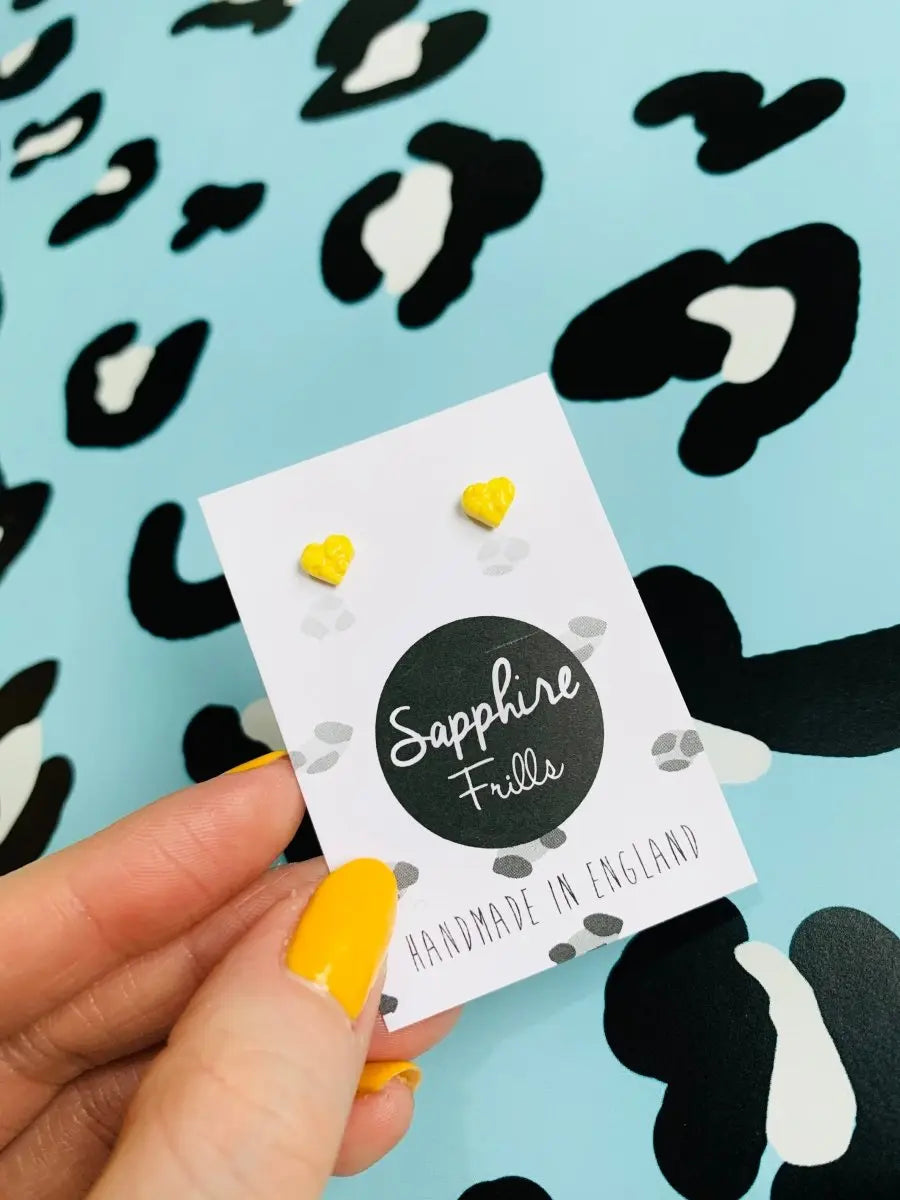 Micro Lemon Yellow Ditzy Leopard Print Heart Stud Earrings Sapphire Frills