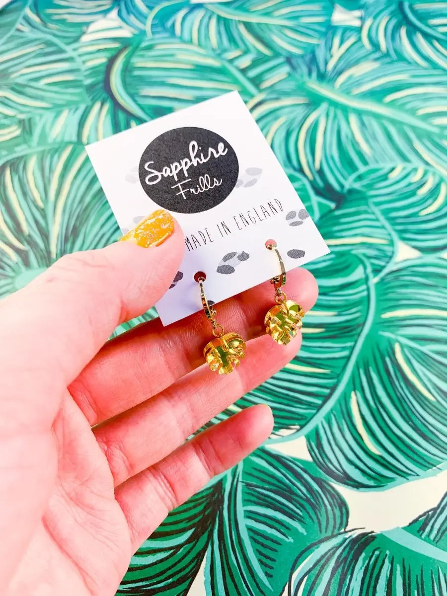 Mini Gold Acrylic Mirror Monstera Leaf Dangle Earrings Sapphire Frills